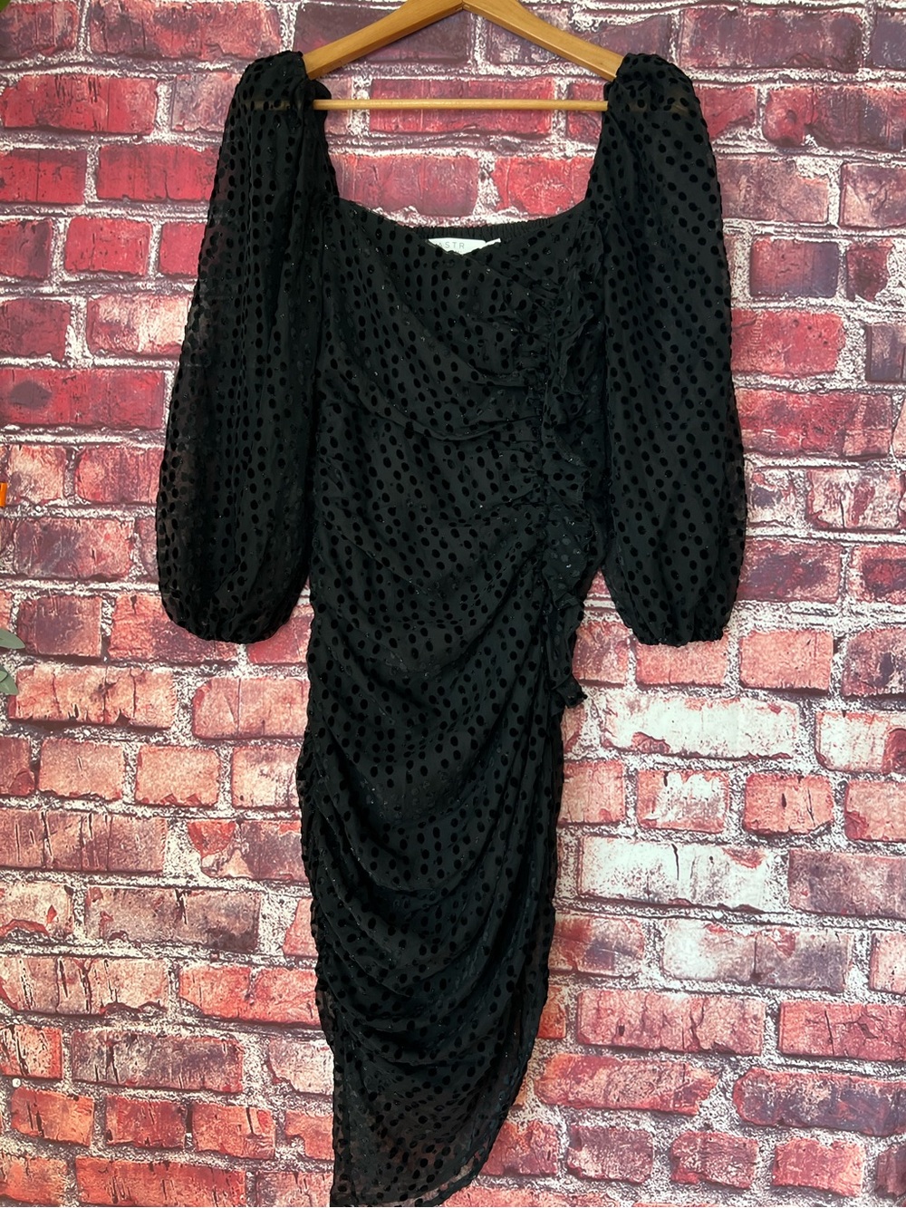 ASTR Black Burnout Dot Ruched Asymmetric Mini Dress XS